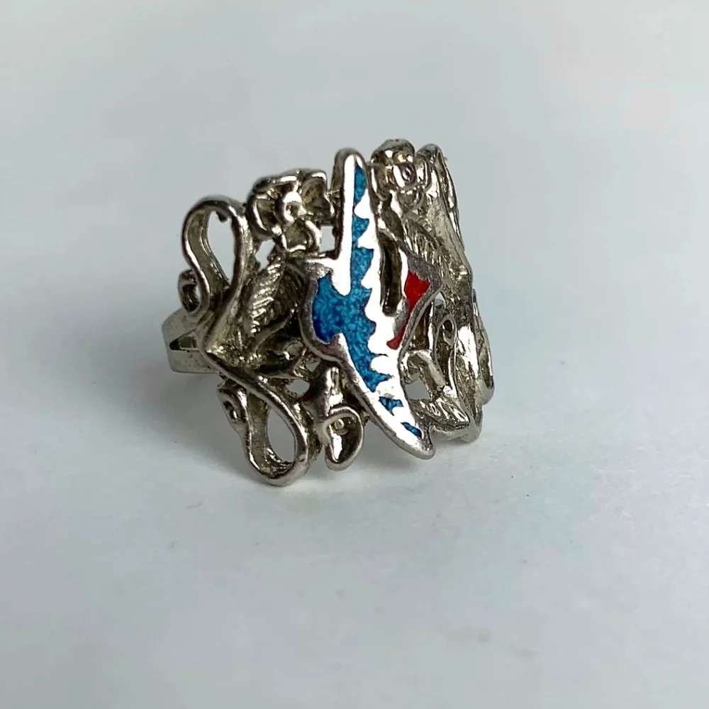 Free People Silver Ring with Blue and Red Accents